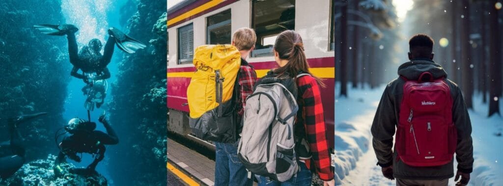 Personas buceando en el mar, en agua cristalina color azul debajo hay arrecifes y una s personas esperando su tren en la estación de trenes con mochilas de viaje ambas personas llevan camisas rojas de cuadros y una persona con mochila roja en medio de la nieve