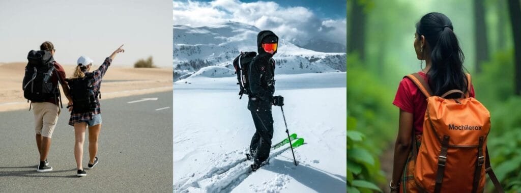 Collage de imágenes de una pareja que va caminando en la carretera del desierto están pidiendo que los lleven a su siguiente destino turístico, persona que se encuentra en la nieve con equipo para esquiar de color negro y gafas naranjas, una persona con mochila naranja en la selva