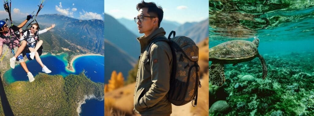 Collage de imágenes sobre, parapente en pareja encima del mar y las montañas, persona excursionista en las montañas y tortuga marina en el mar encima de los arrecifes.