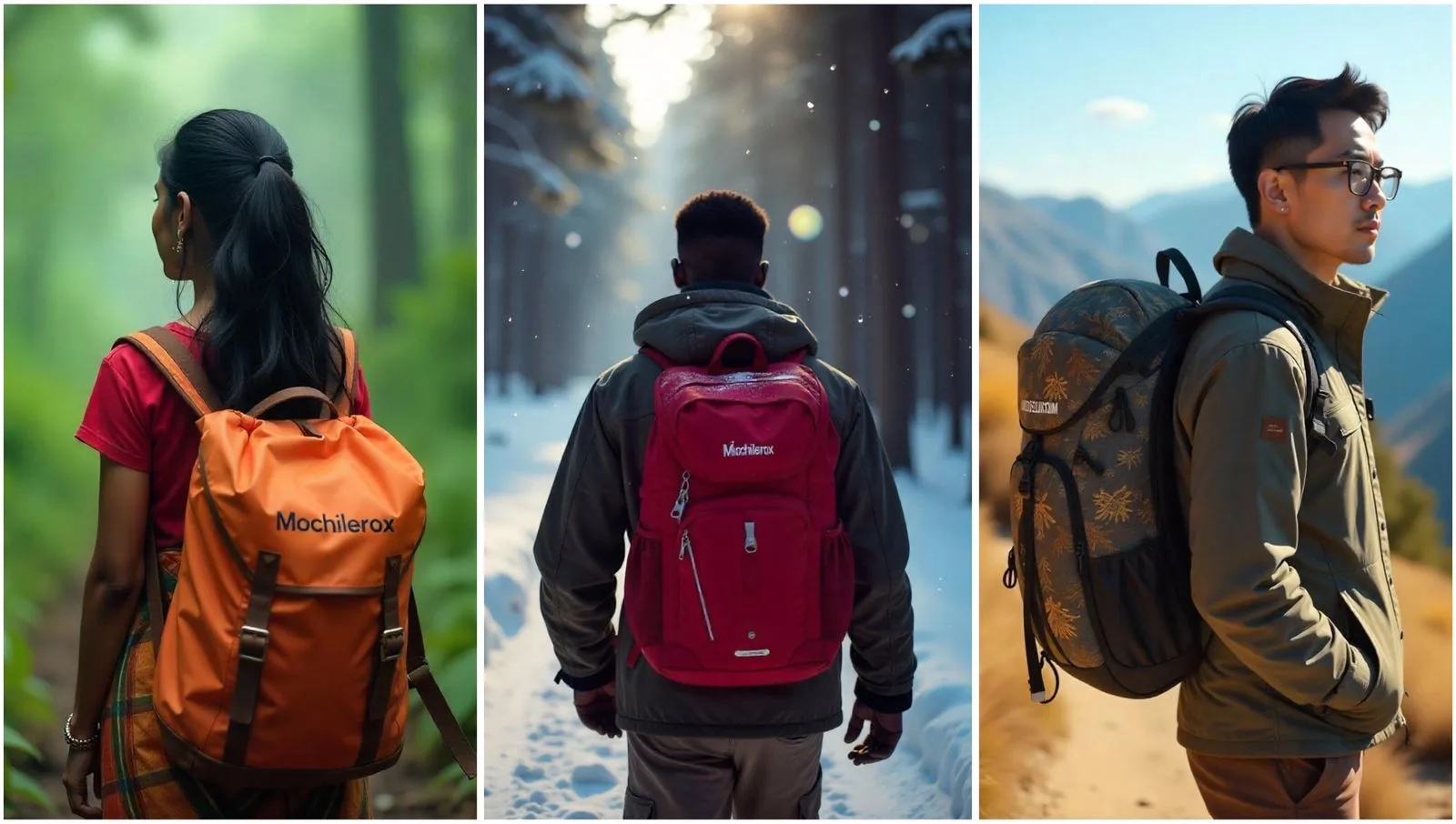 Tres mochileros, cada uno lleva una mochila todo terreno, que es parte de nuestros Productos para mochileros, la ocupan en tres escenarios diferentes, la nieve, el bosque o el desierto.