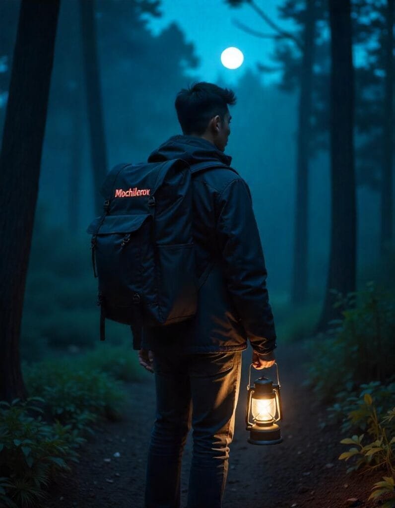 Un mochilero camina solo por un bosque al anochecer, iluminando su camino con una lámpara de aceite. El ambiente es misterioso, con tonos azulados y una luna llena visible en el cielo. La mochila lleva la palabra "Mochilerox" iluminada en rojo.