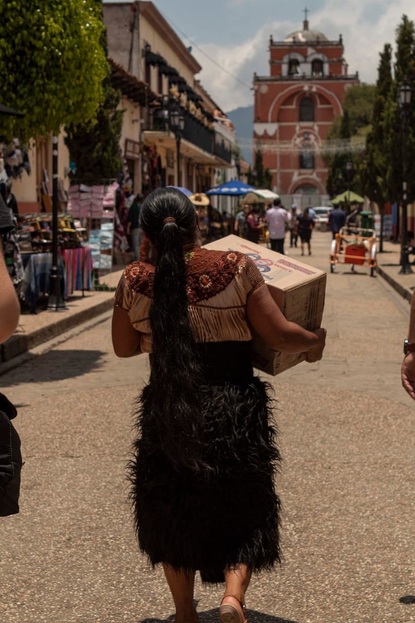Persona indígena vestida con falda de piel de oveja color negro, una blusa bordada cargando una caja de cartón, en medio de la calle donde hay personas caminando durante la tarde.